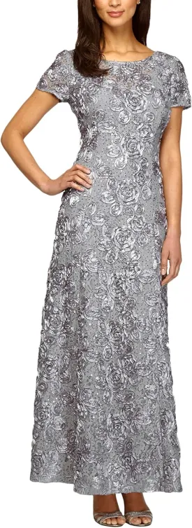 Alex Evenings Women's Long Rosette Mother of The Bride Dress with Short Sleeves, Wedding Guest (Petite and Regular Sizes)