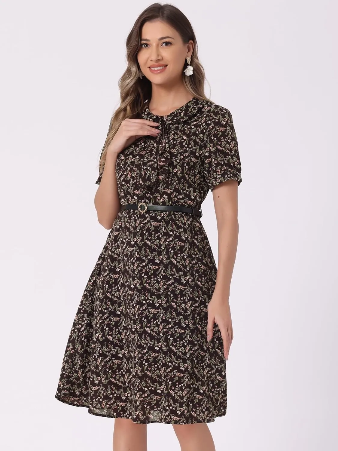 Allegra K Women's Peter Pan Collar Tie Neck Short Sleeves A-Line Elegant Belted Vintage Floral Dress