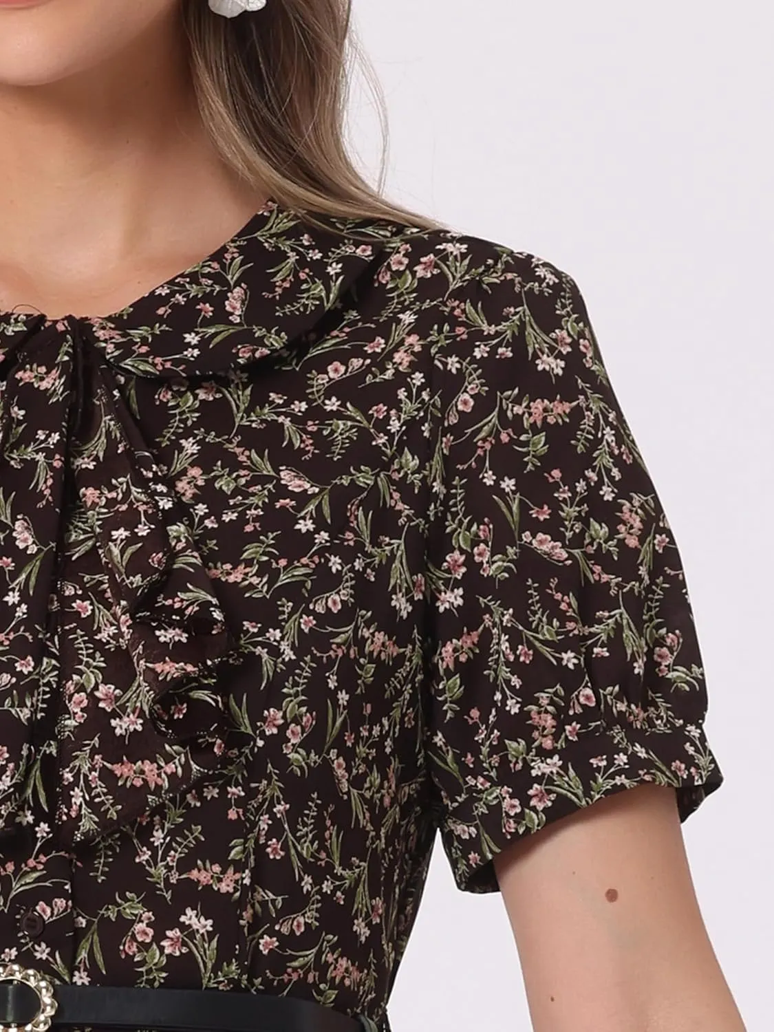 Allegra K Women's Peter Pan Collar Tie Neck Short Sleeves A-Line Elegant Belted Vintage Floral Dress