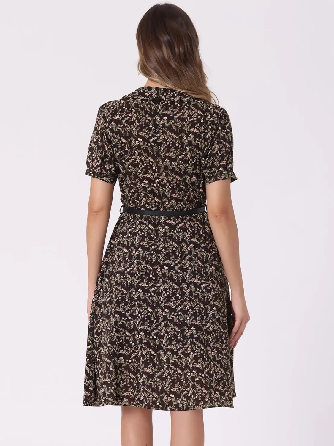 Allegra K Women's Peter Pan Collar Tie Neck Short Sleeves A-Line Elegant Belted Vintage Floral Dress