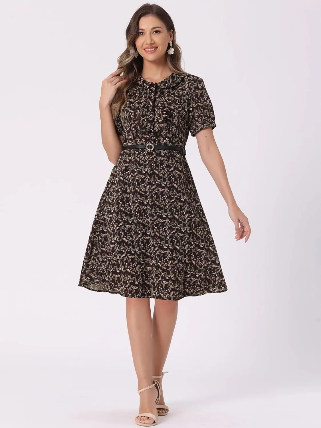 Allegra K Women's Peter Pan Collar Tie Neck Short Sleeves A-Line Elegant Belted Vintage Floral Dress