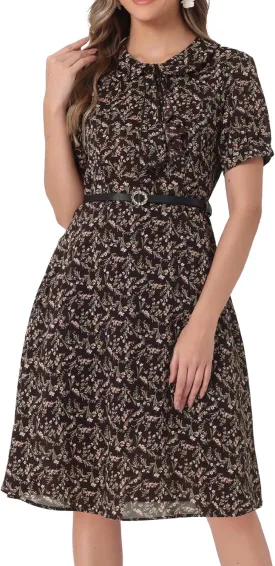 Allegra K Women's Peter Pan Collar Tie Neck Short Sleeves A-Line Elegant Belted Vintage Floral Dress