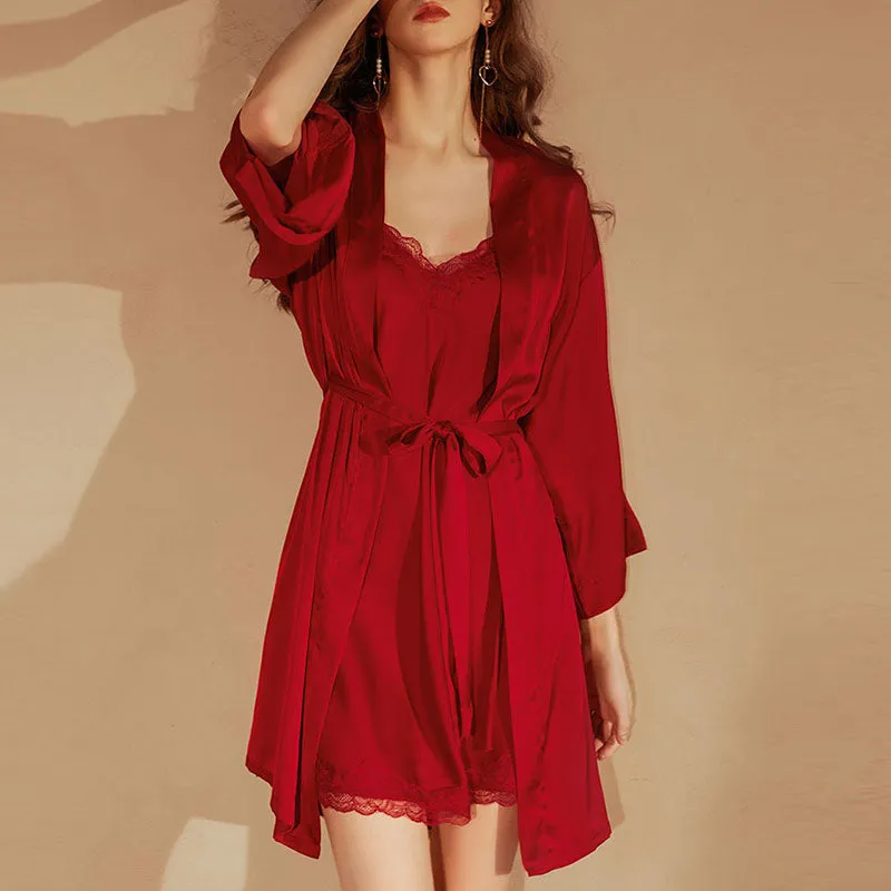 Artificial Silk Satin Sling Nightgown Two-Piece Set