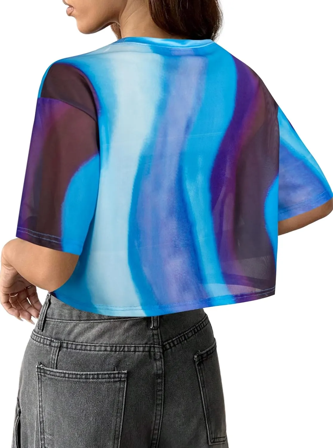 Avanova Women Sexy Sheer Mesh Crop Top See Through Oversized Short Sleeves Boxy Tee Shirt