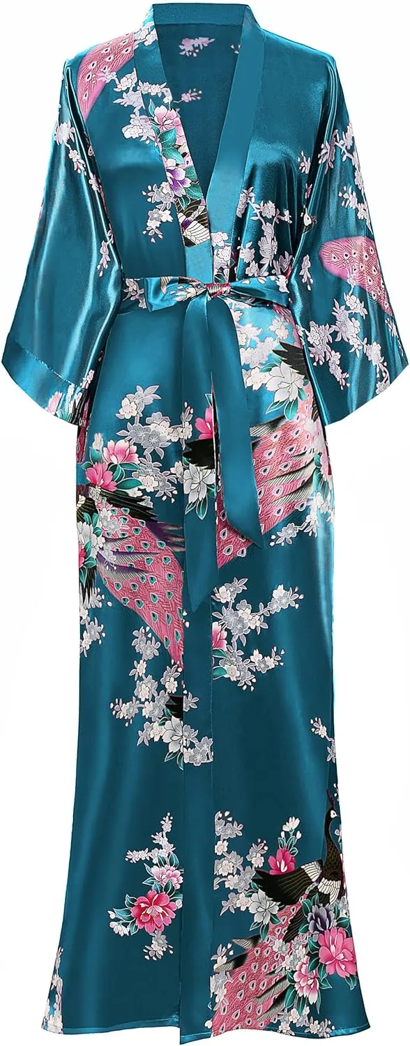 BABEYOND Women's Kimono Robe Long Satin Robes with Peacock and Blossoms Printed Kimono Nightgown