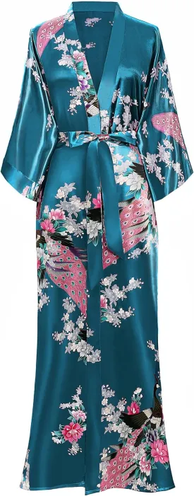 BABEYOND Women's Kimono Robe Long Satin Robes with Peacock and Blossoms Printed Kimono Nightgown