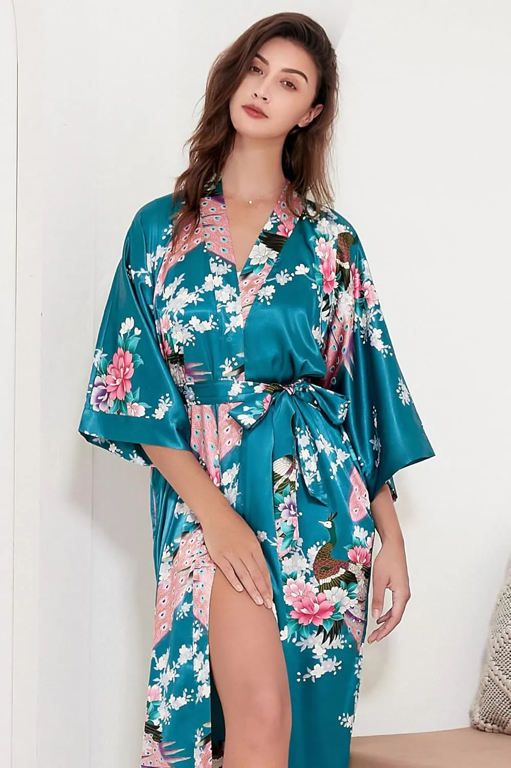 BABEYOND Women's Kimono Robe Long Satin Robes with Peacock and Blossoms Printed Kimono Nightgown
