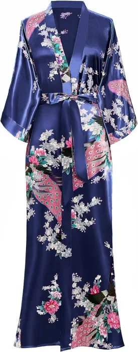 BABEYOND Women's Kimono Robe Long Satin Robes with Peacock and Blossoms Printed Kimono Nightgown