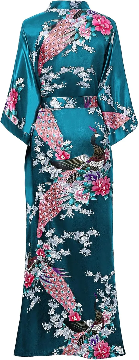 BABEYOND Women's Kimono Robe Long Satin Robes with Peacock and Blossoms Printed Kimono Nightgown