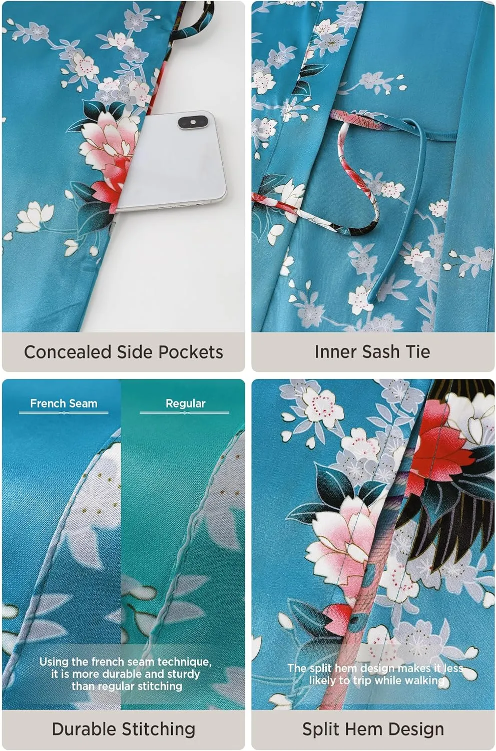 BABEYOND Women's Kimono Robe Long Satin Robes with Peacock and Blossoms Printed Kimono Nightgown