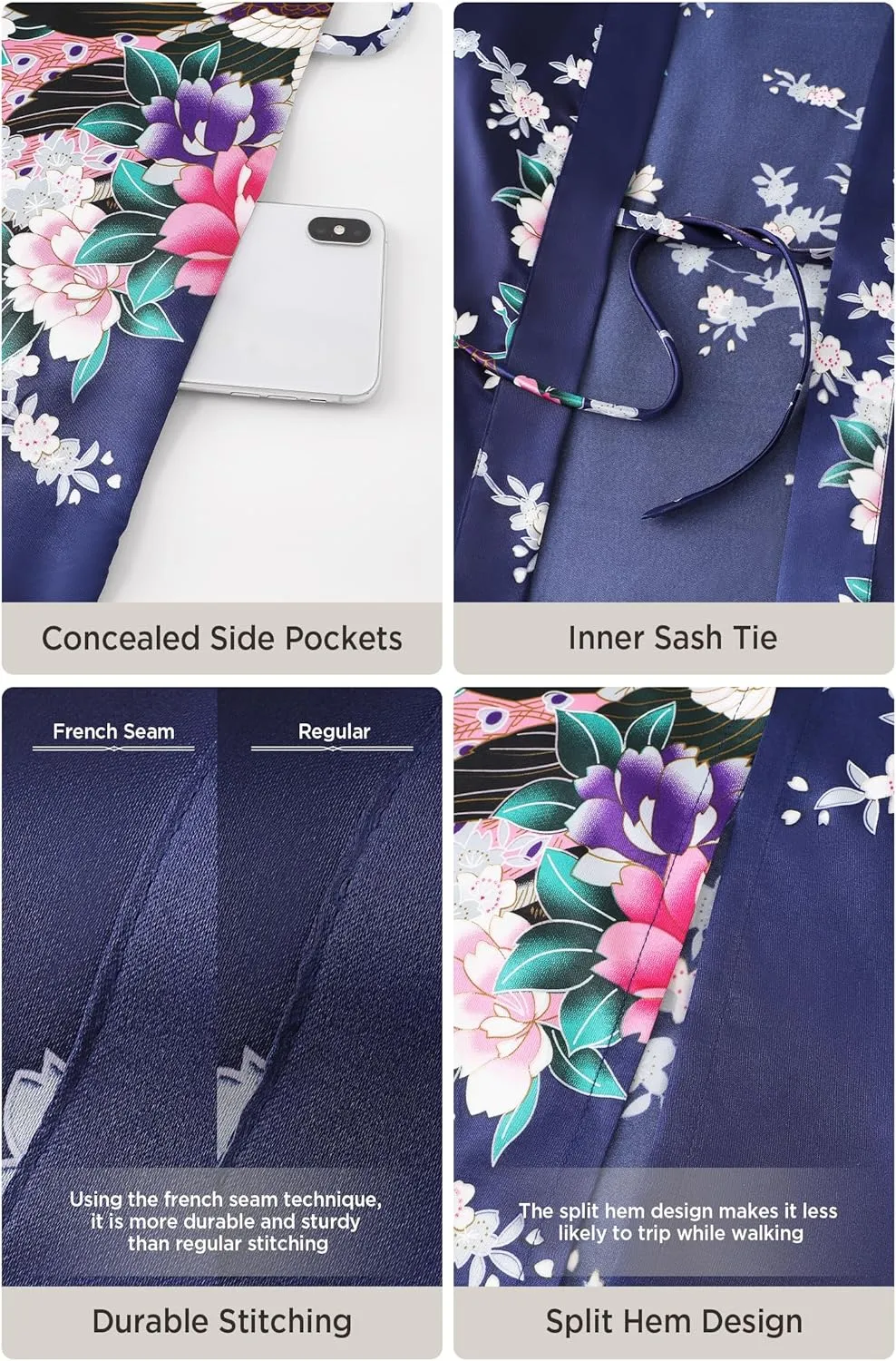 BABEYOND Women's Kimono Robe Long Satin Robes with Peacock and Blossoms Printed Kimono Nightgown