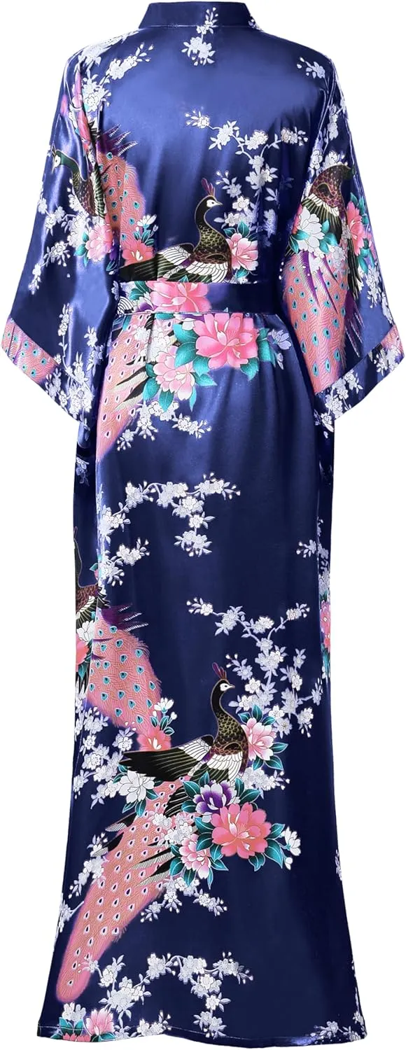 BABEYOND Women's Kimono Robe Long Satin Robes with Peacock and Blossoms Printed Kimono Nightgown