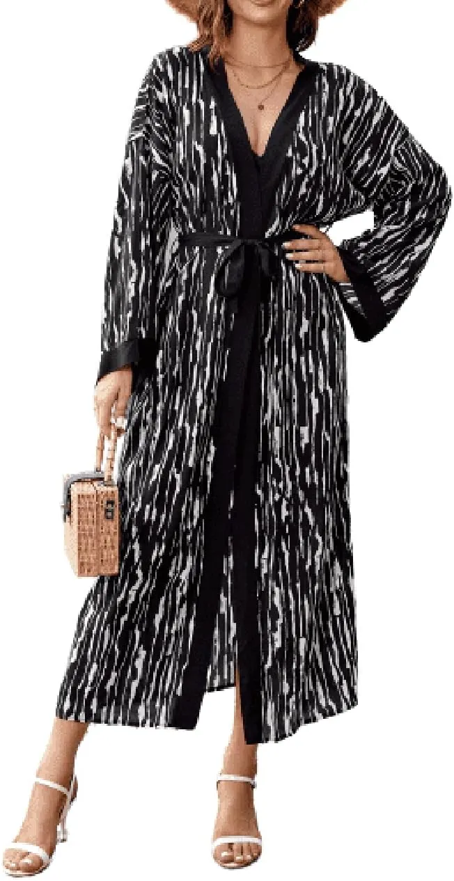 Bestyyou Women's Printed Kimono Cardigan with Tie Long Robe Dress Belted Bikini Swimsuit Cover Up Swimwear