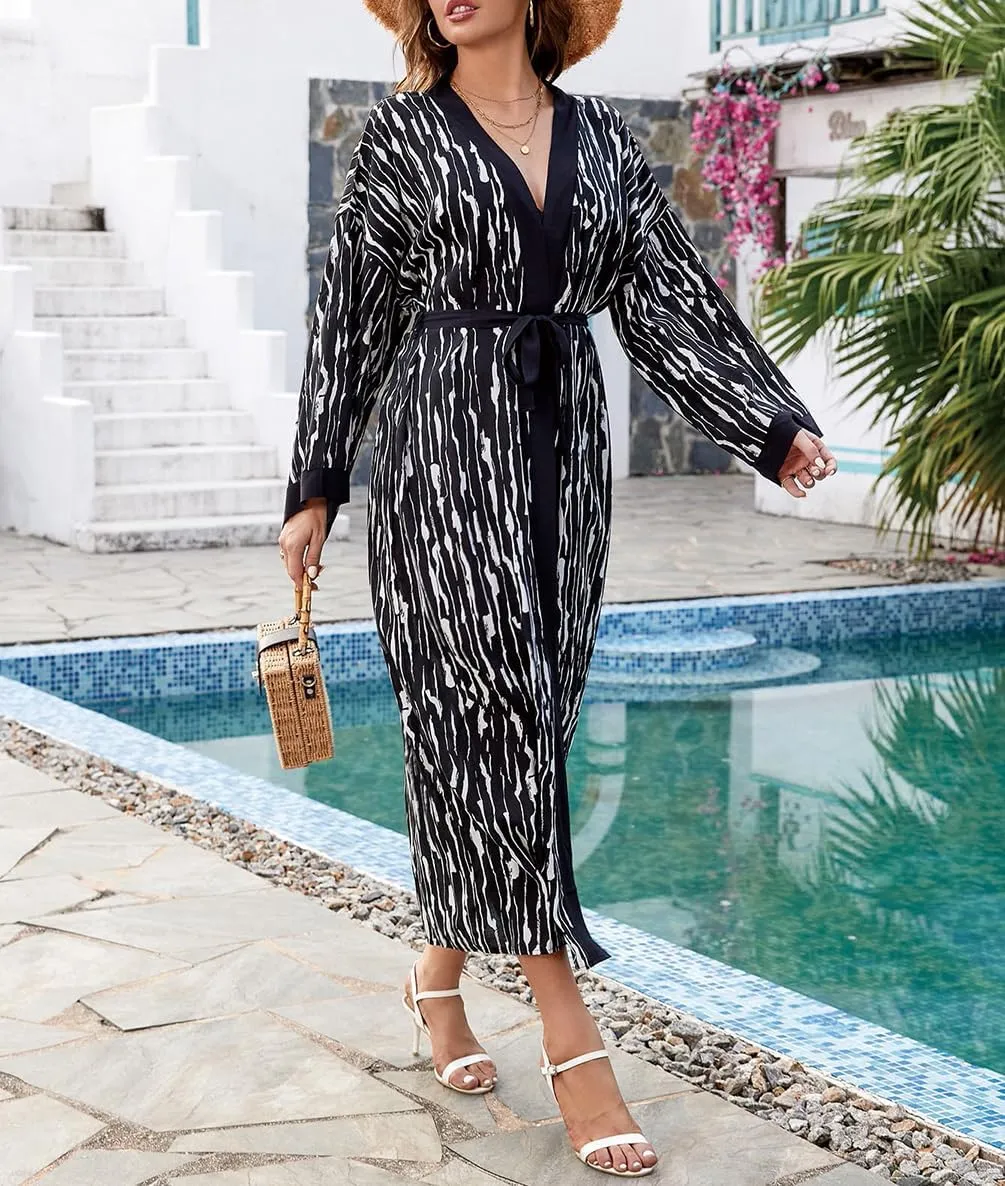Bestyyou Women's Printed Kimono Cardigan with Tie Long Robe Dress Belted Bikini Swimsuit Cover Up Swimwear