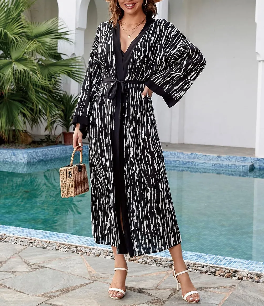 Bestyyou Women's Printed Kimono Cardigan with Tie Long Robe Dress Belted Bikini Swimsuit Cover Up Swimwear