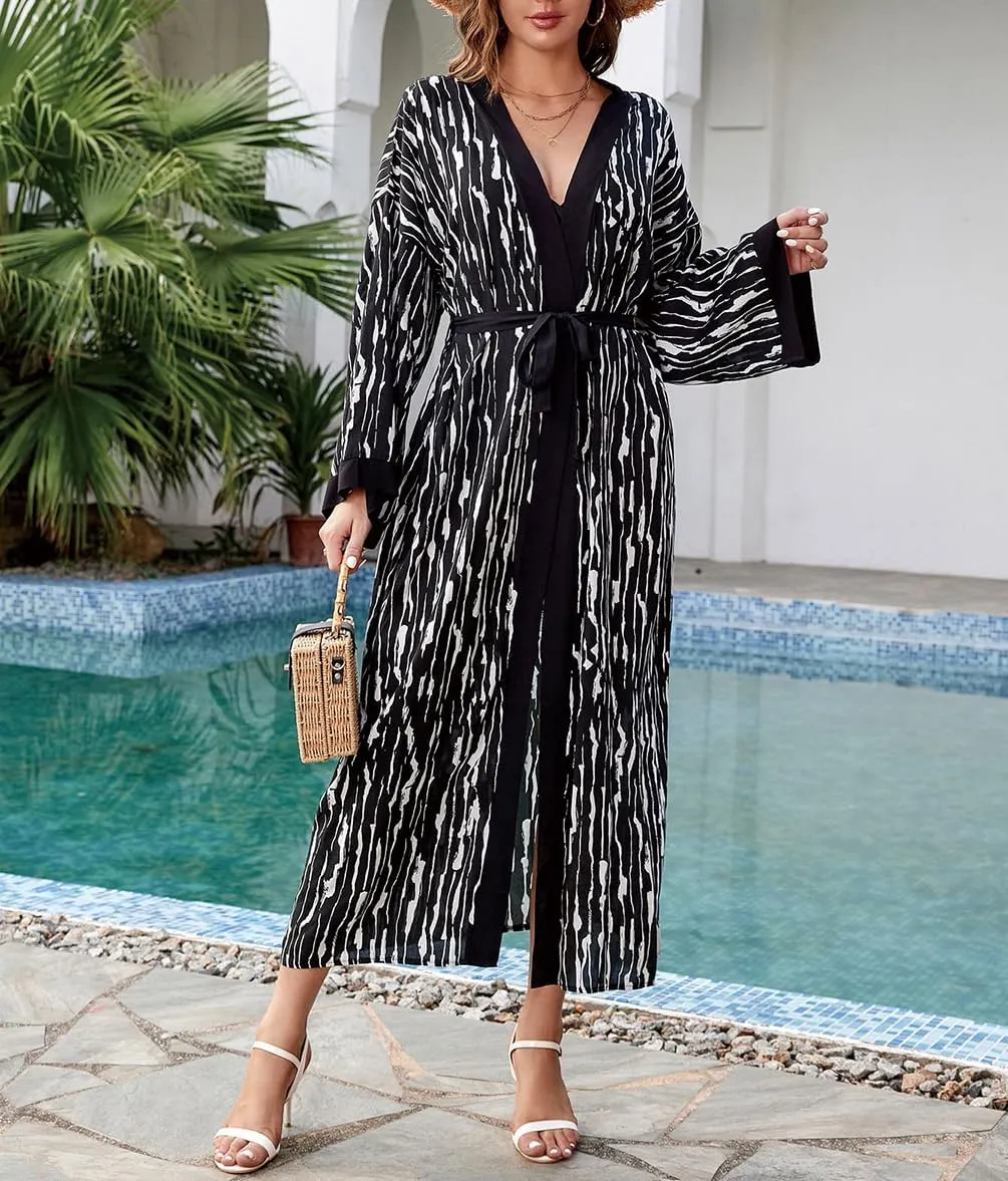 Bestyyou Women's Printed Kimono Cardigan with Tie Long Robe Dress Belted Bikini Swimsuit Cover Up Swimwear