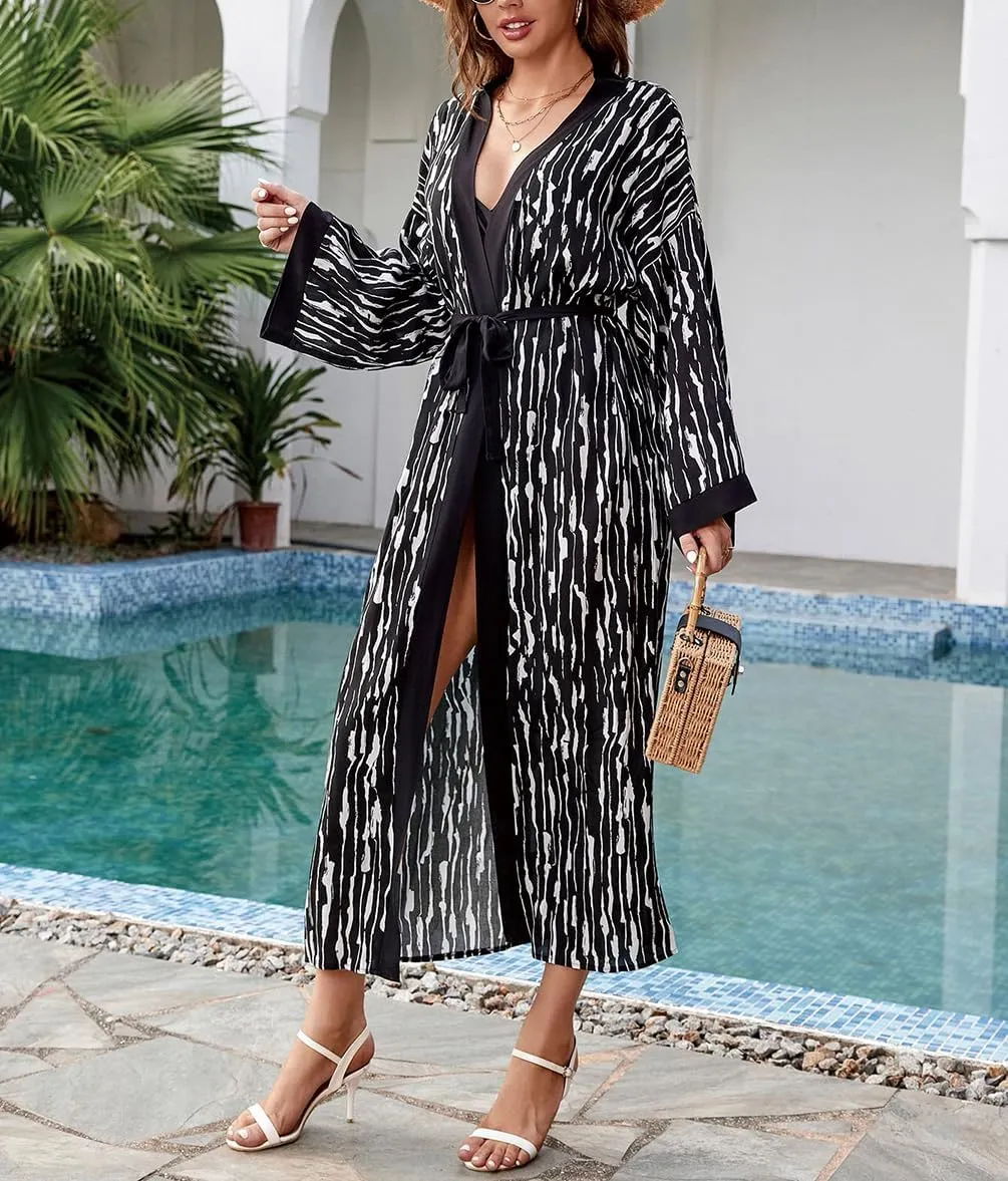 Bestyyou Women's Printed Kimono Cardigan with Tie Long Robe Dress Belted Bikini Swimsuit Cover Up Swimwear