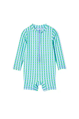 Blue Gingham Long Sleeve Swimsuit