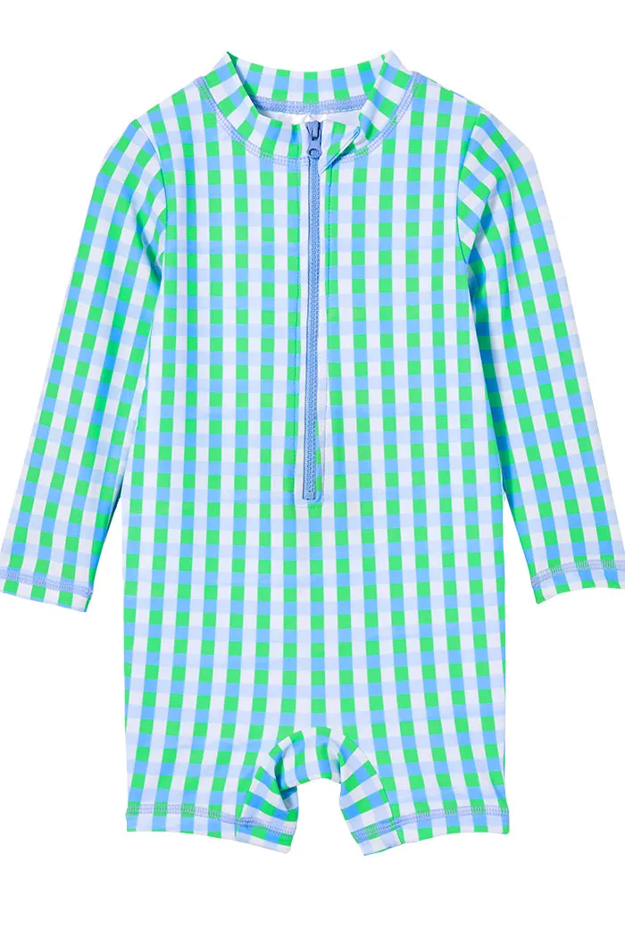 Blue Gingham Long Sleeve Swimsuit