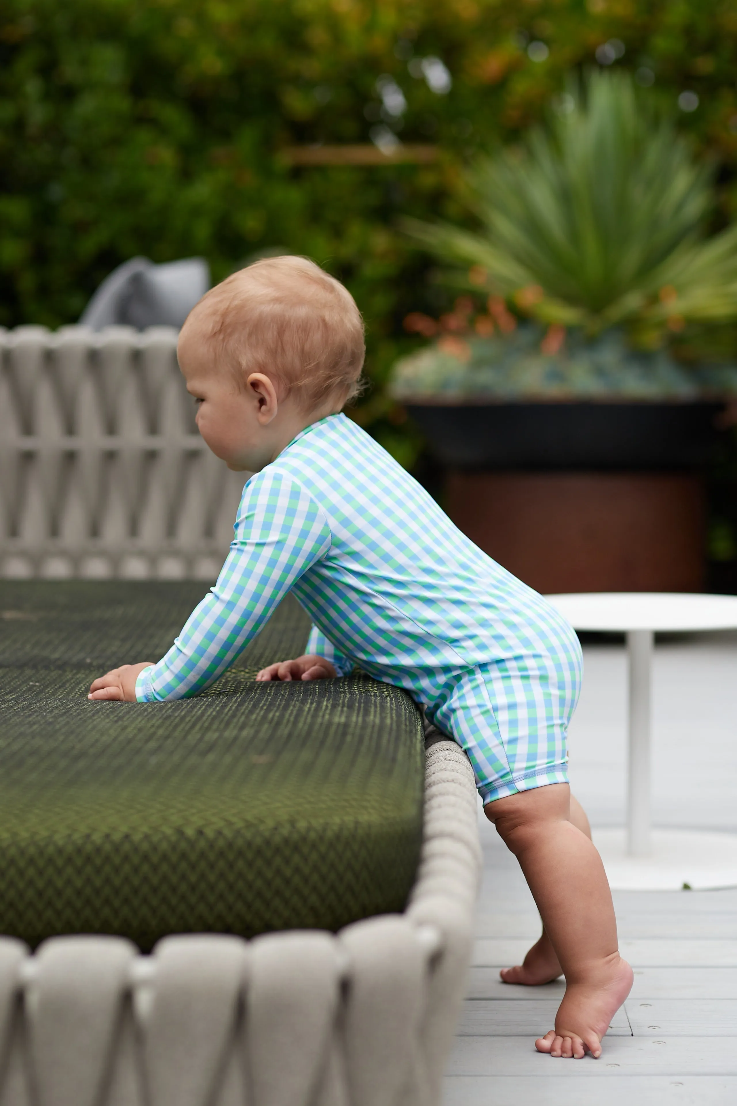 Blue Gingham Long Sleeve Swimsuit