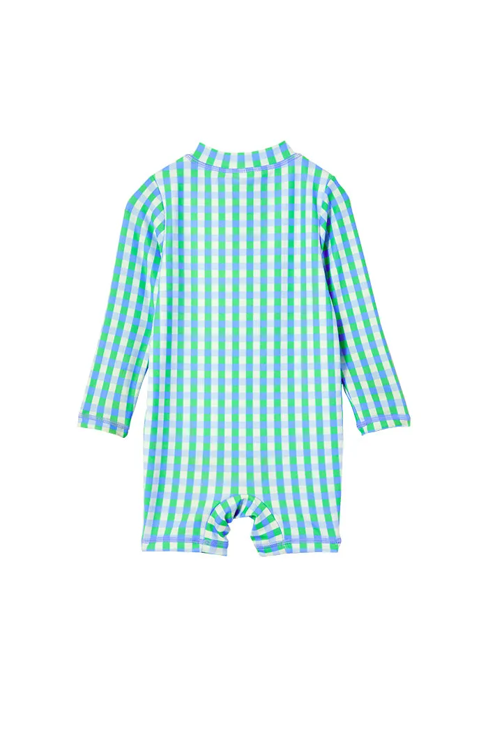 Blue Gingham Long Sleeve Swimsuit