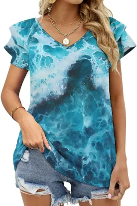 Blue Ocean Waves Women Summer Shirt Casual Tunic Short Sleeve Tops Blouses Tshirts
