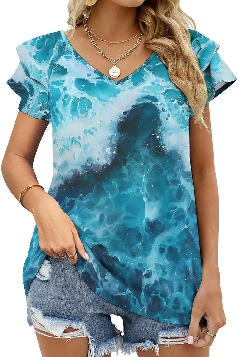 Blue Ocean Waves Women Summer Shirt Casual Tunic Short Sleeve Tops Blouses Tshirts