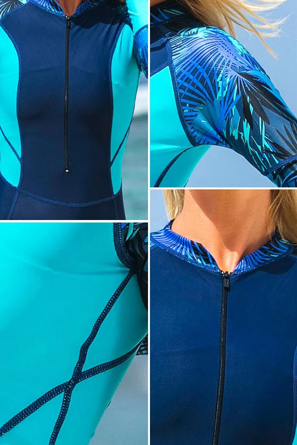 Blue Print Spliced Front Zip Long Sleeve Spring Suit Wetsuit