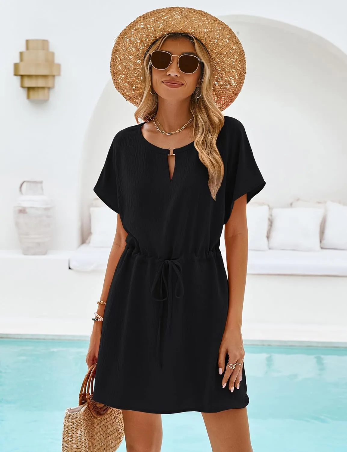 Bluetime Women Casual Summer Swimsuit Coverup Bikini Beachwear Coverups Flowy Short Sleeve Beach Dress
