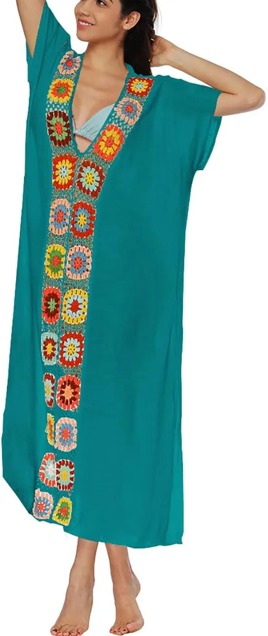 Bsubseach Women Mexican Embroidered Kaftan Dresses Deep V Neck Short Sleeve Beach Side Split Cover Up for Women Caftan Dress