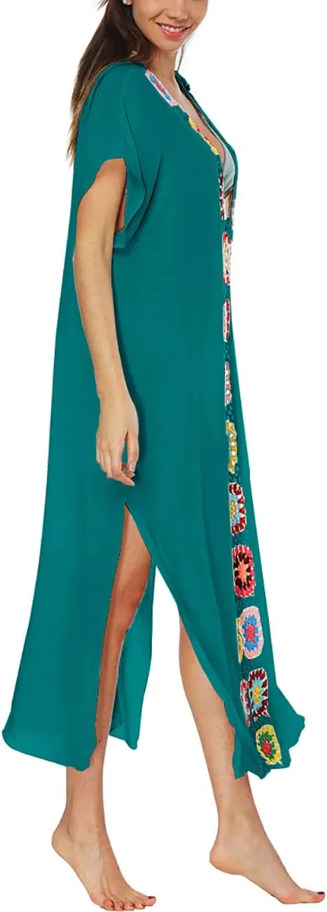Bsubseach Women Mexican Embroidered Kaftan Dresses Deep V Neck Short Sleeve Beach Side Split Cover Up for Women Caftan Dress