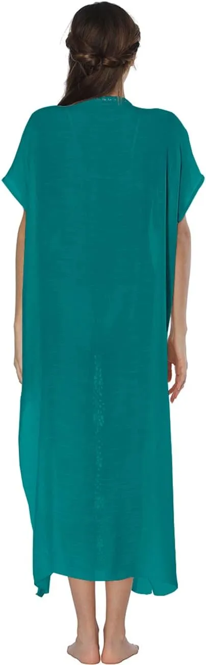 Bsubseach Women Mexican Embroidered Kaftan Dresses Deep V Neck Short Sleeve Beach Side Split Cover Up for Women Caftan Dress