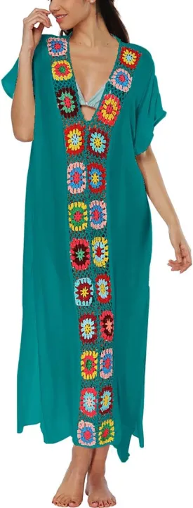 Bsubseach Women Mexican Embroidered Kaftan Dresses Deep V Neck Short Sleeve Beach Side Split Cover Up for Women Caftan Dress