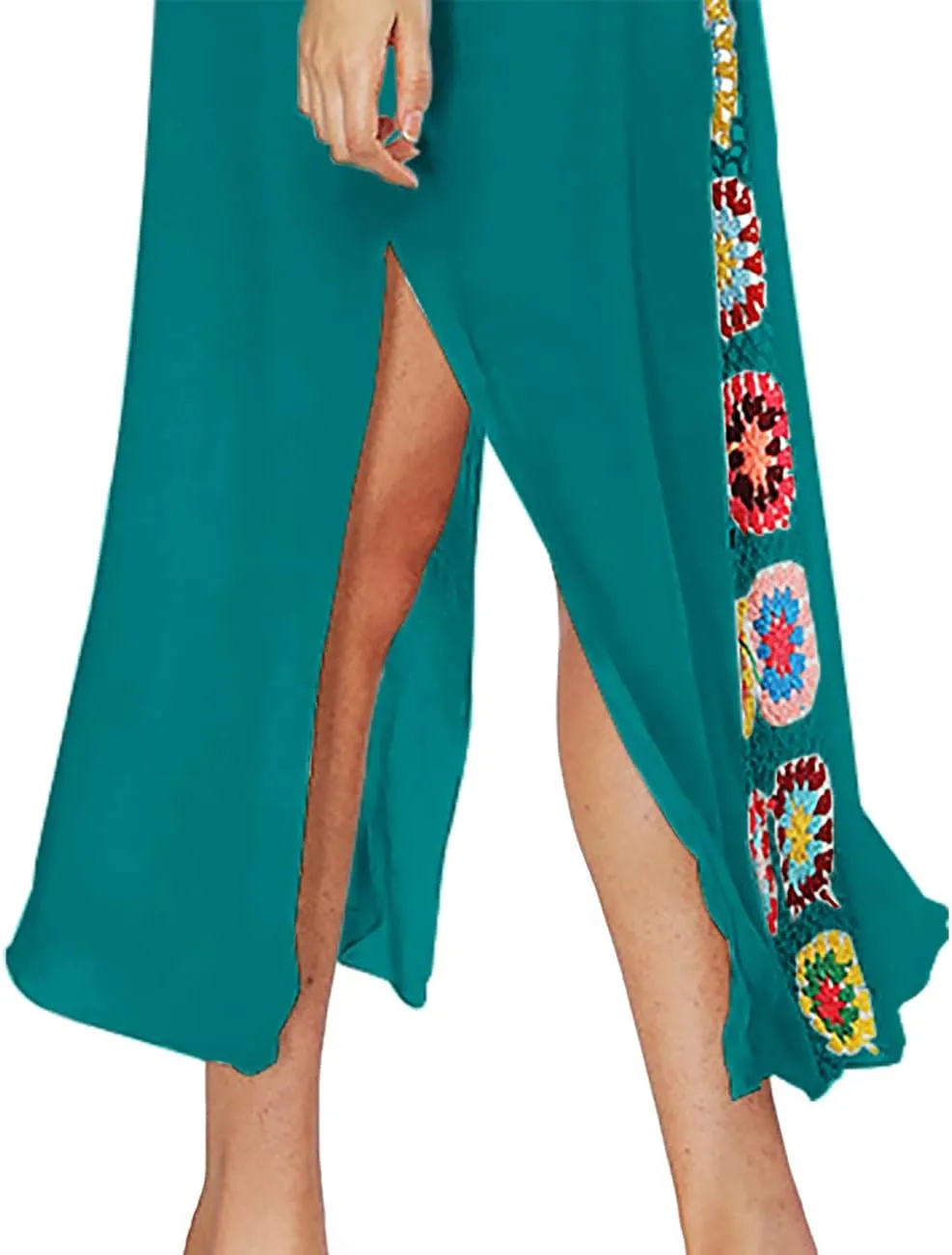 Bsubseach Women Mexican Embroidered Kaftan Dresses Deep V Neck Short Sleeve Beach Side Split Cover Up for Women Caftan Dress