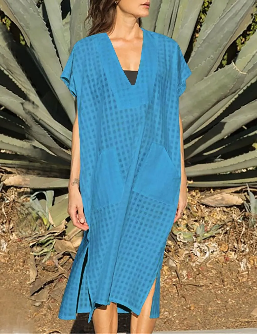 Bsubseach Women Plaid Swimsuit Cover Up V Neck Kaftan Dresses Caftan Maxi Dress