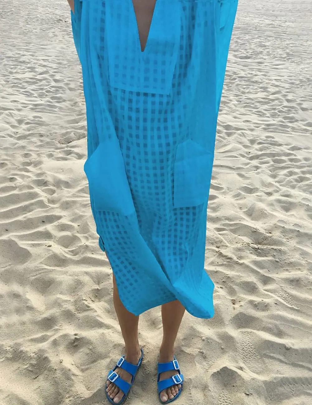 Bsubseach Women Plaid Swimsuit Cover Up V Neck Kaftan Dresses Caftan Maxi Dress