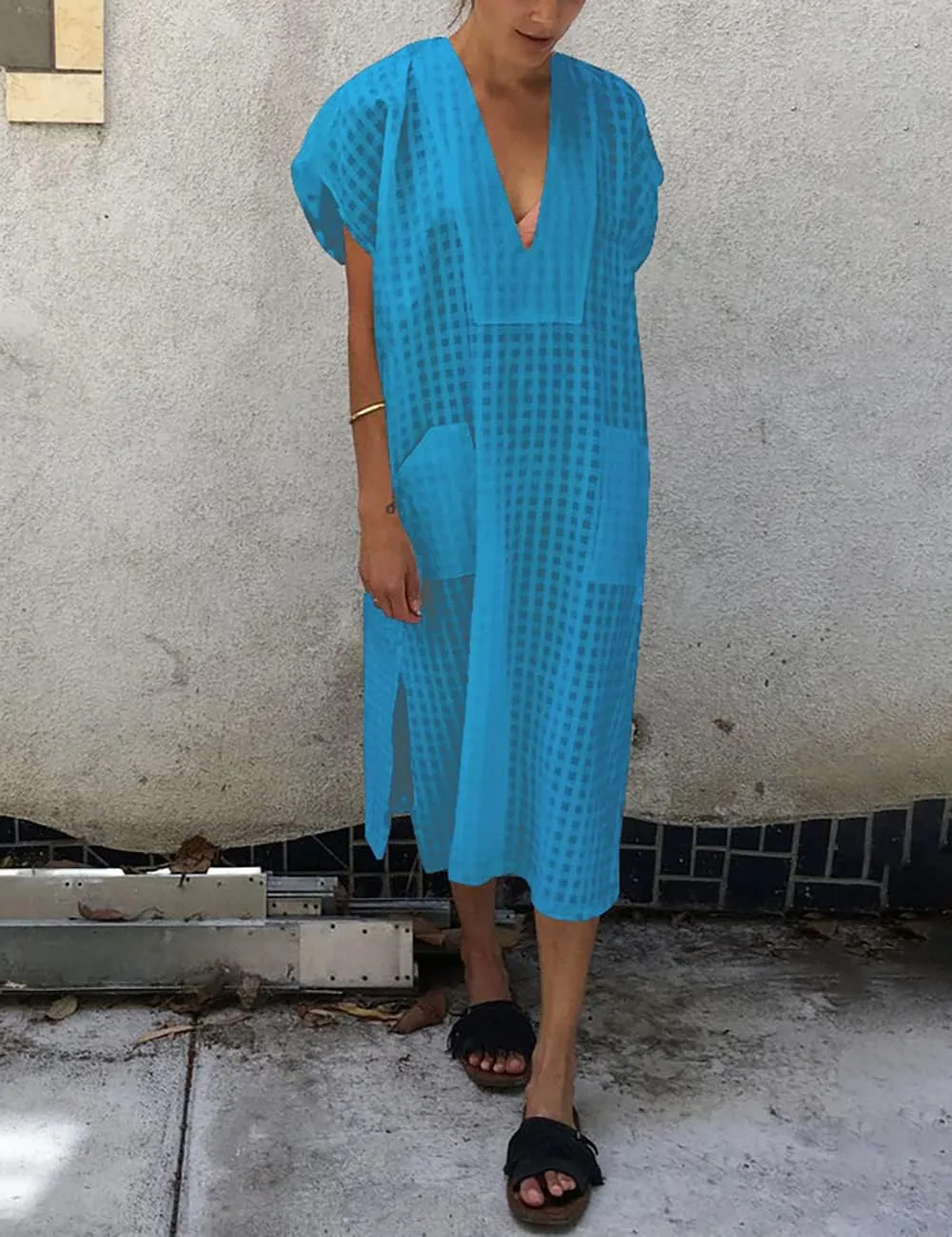 Bsubseach Women Plaid Swimsuit Cover Up V Neck Kaftan Dresses Caftan Maxi Dress