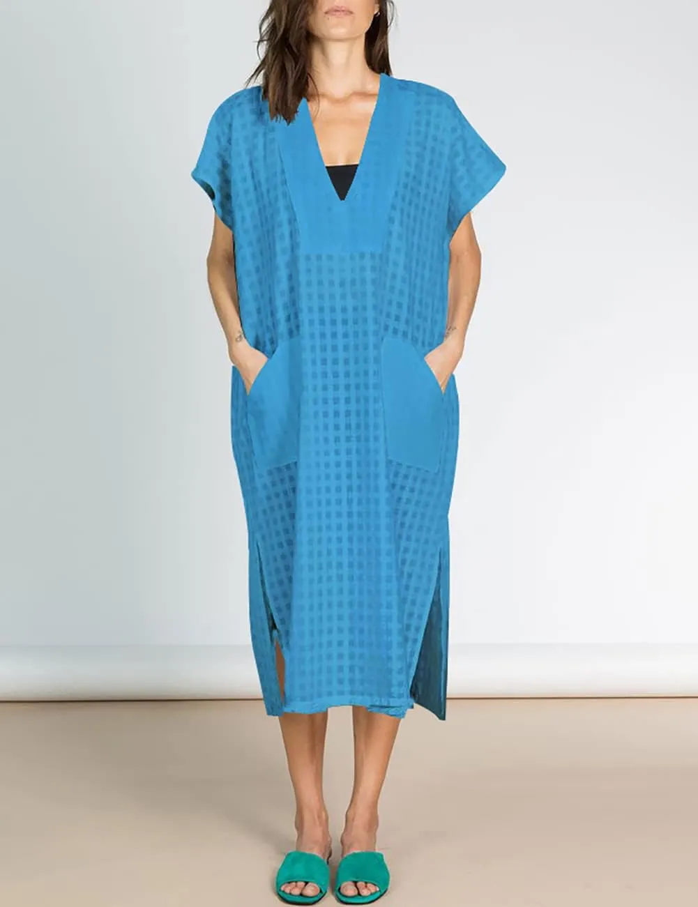 Bsubseach Women Plaid Swimsuit Cover Up V Neck Kaftan Dresses Caftan Maxi Dress