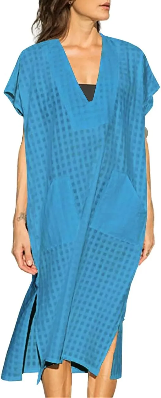Bsubseach Women Plaid Swimsuit Cover Up V Neck Kaftan Dresses Caftan Maxi Dress