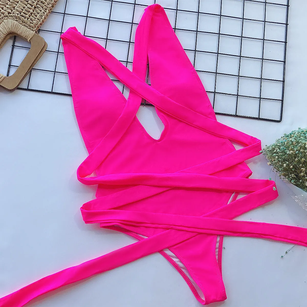 Cross My Heart Halter Neck Deep V Tied One-Piece Swimsuit