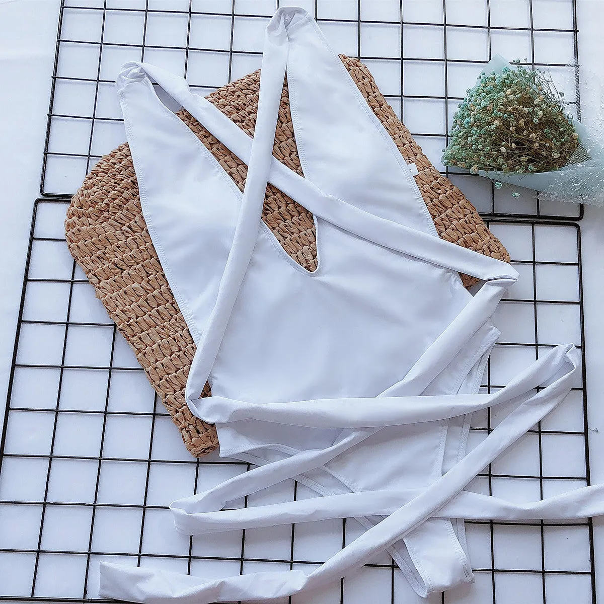 Cross My Heart Halter Neck Deep V Tied One-Piece Swimsuit