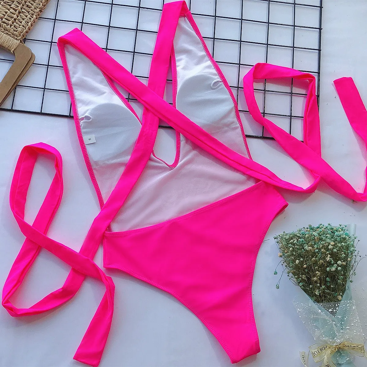 Cross My Heart Halter Neck Deep V Tied One-Piece Swimsuit