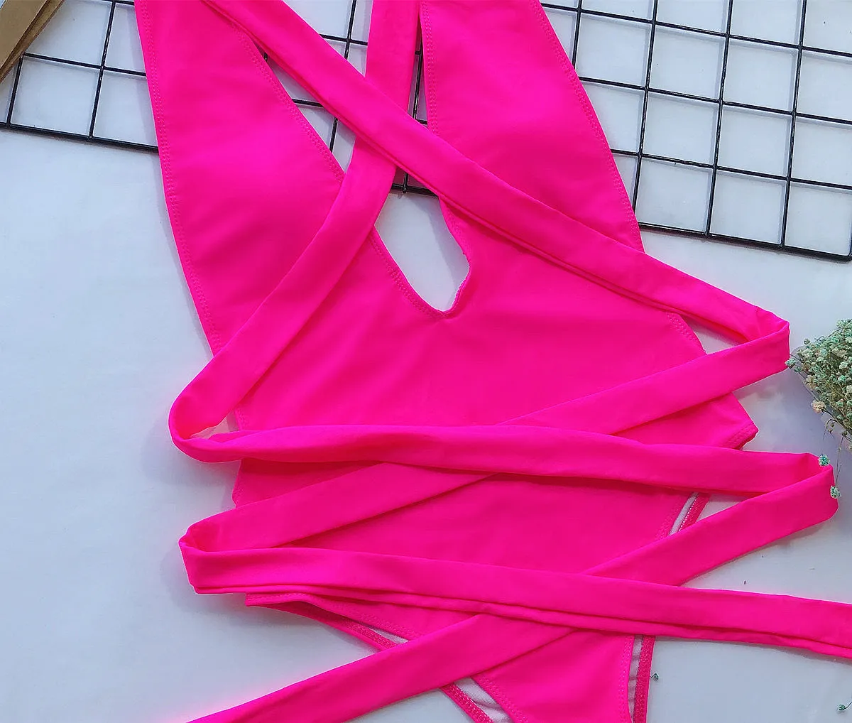 Cross My Heart Halter Neck Deep V Tied One-Piece Swimsuit