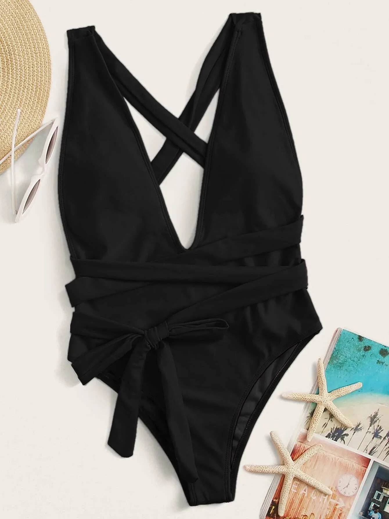 Cross My Heart Halter Neck Deep V Tied One-Piece Swimsuit