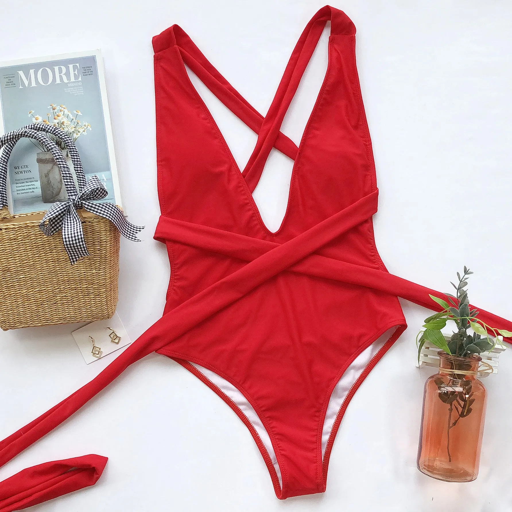 Cross My Heart Halter Neck Deep V Tied One-Piece Swimsuit
