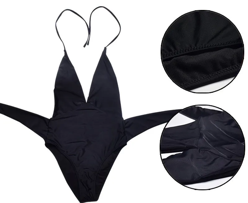 Deep V Neck Backless 1 Piece Swimsuit Swimwear
