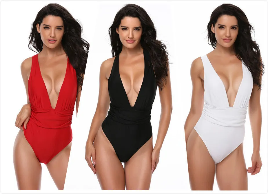 Deep V Neck Backless 1 Piece Swimsuit Swimwear