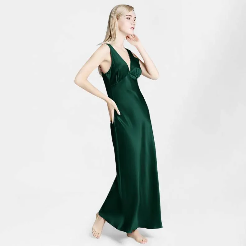 Deep V Neck Classic Silk Nightgown Long Silk Nightwear For Women