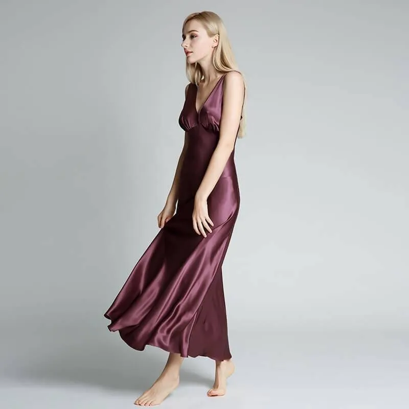 Deep V Neck Classic Silk Nightgown Long Silk Nightwear For Women