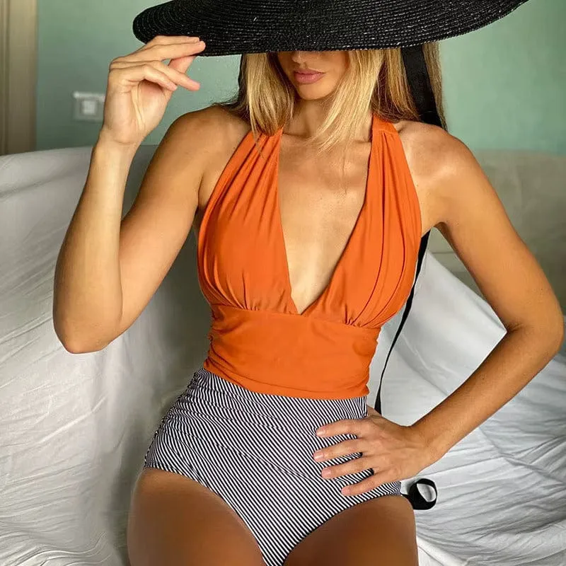 Deep V Neck Halter Swimsuit